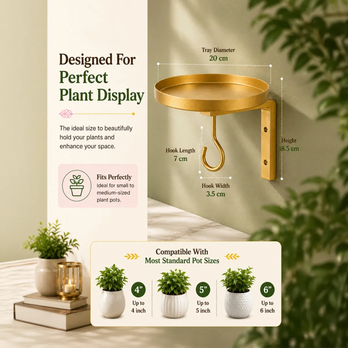 Gold planter stand shown with a round tray, wall bracket and hanging hook.