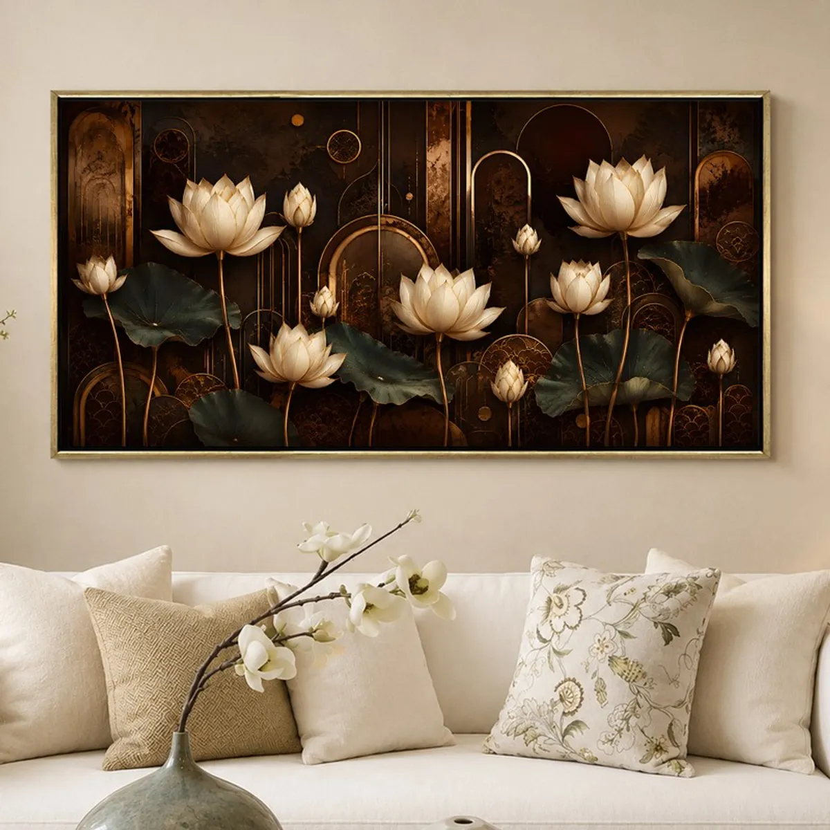 Large rectangular lotus wall art in a gold frame displayed above a white sofa