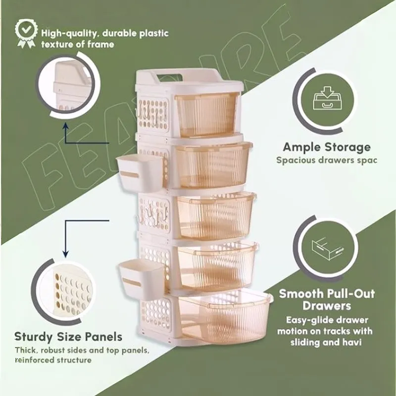 Ivory five-tier rack showing plastic construction, storage drawers and side panels