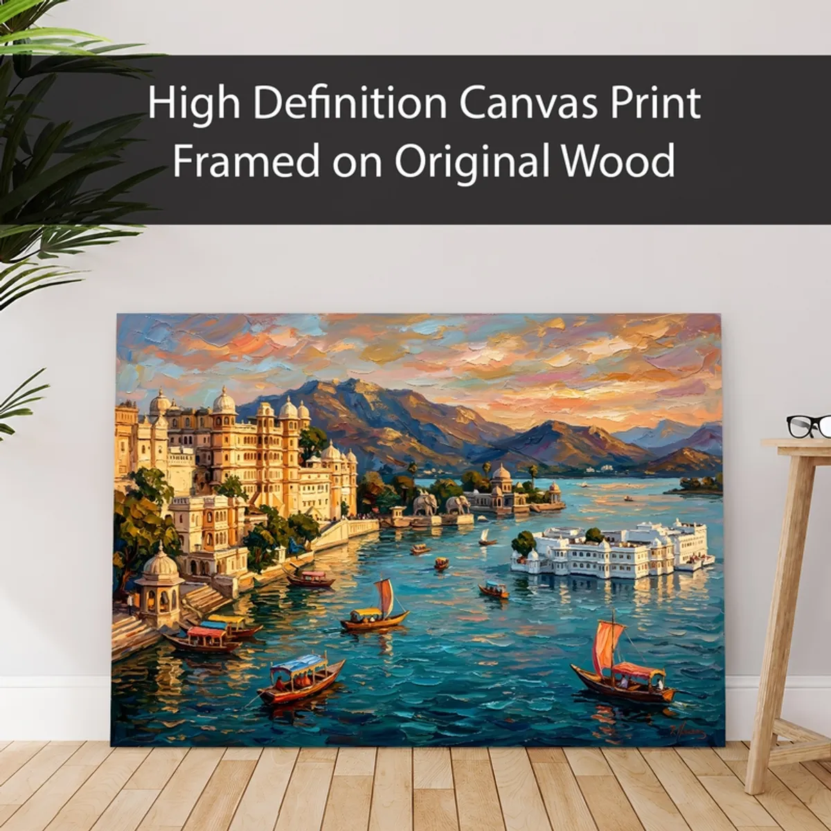 Lake palace canvas print leaning against a wall in a styled room