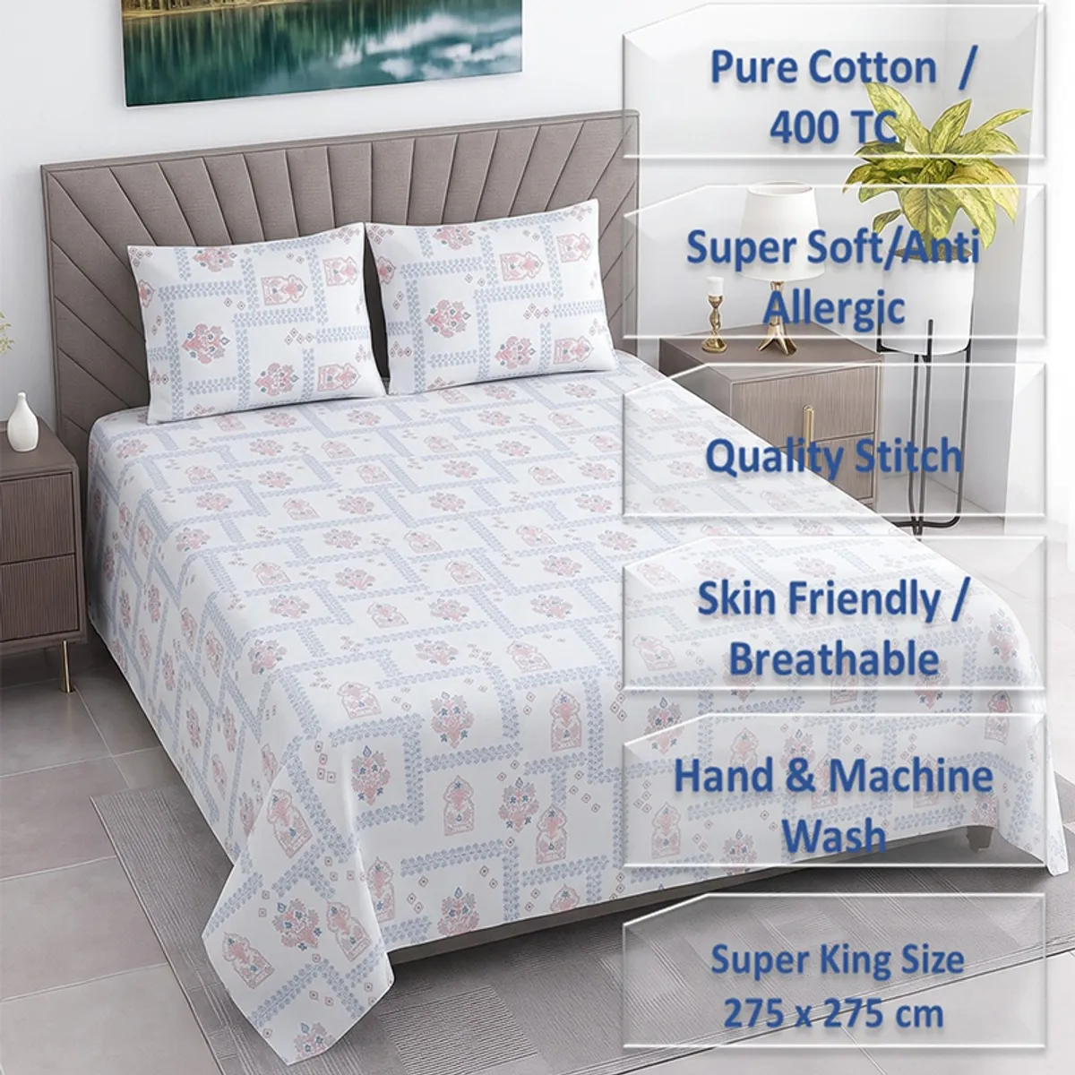 Printed bedsheet on bed with matching pillow covers in a bedroom setting