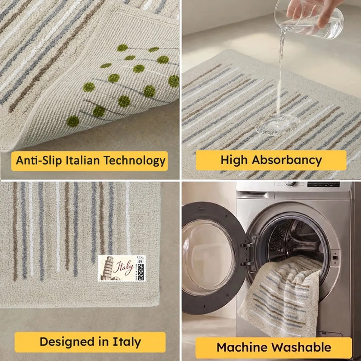 Collage showing the bath mat underside, water absorption, striped design and machine washing.