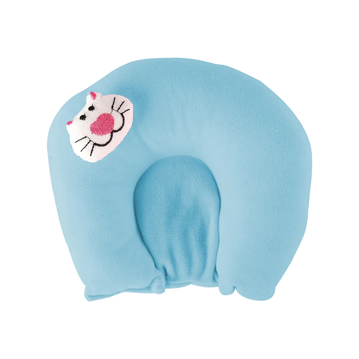 Blue C-shaped baby neck pillow with cat face patch on a white background