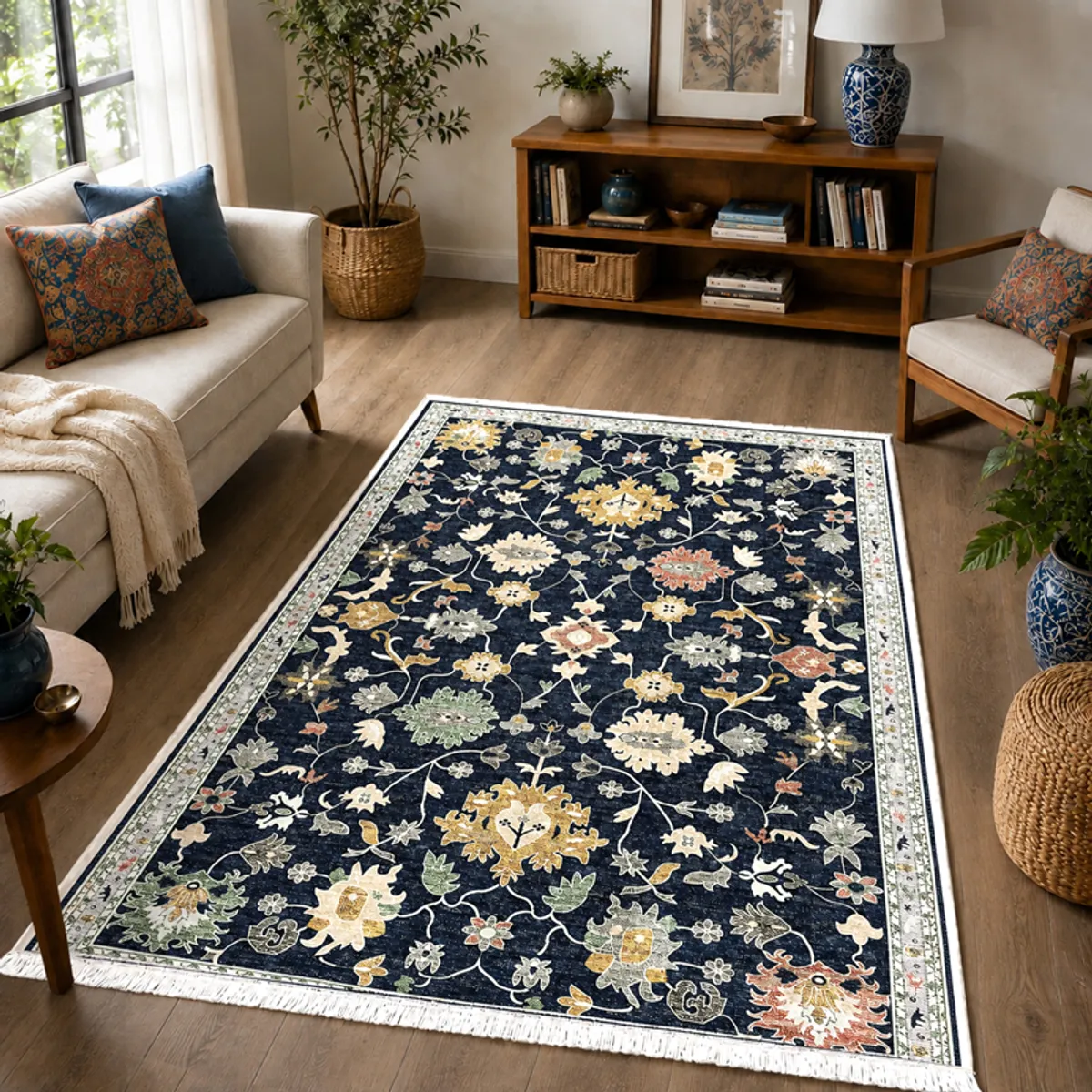 Navy floral carpet styled in a living room with a sofa and wooden console