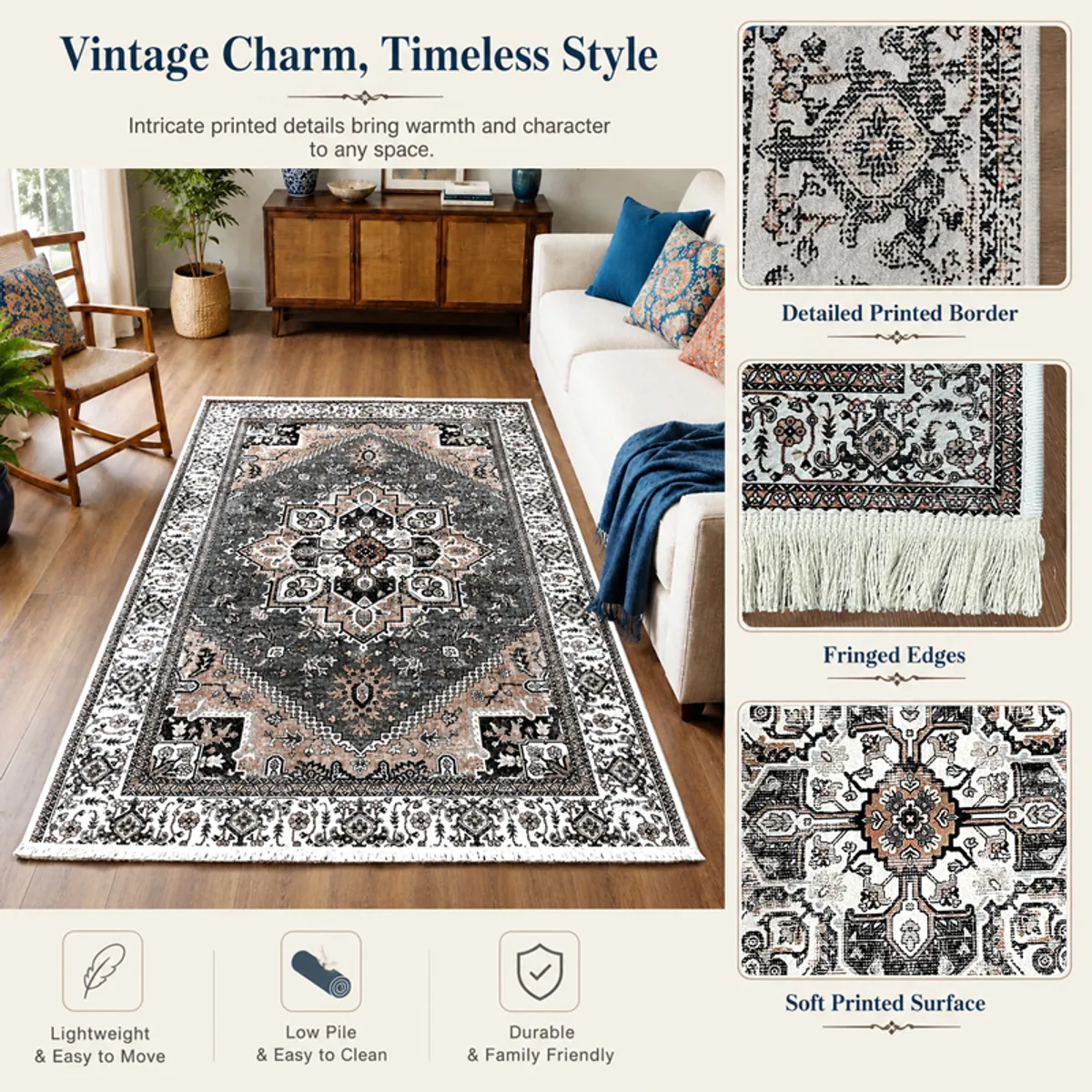 Living room scene showing the carpet's vintage-style pattern and fringed edge