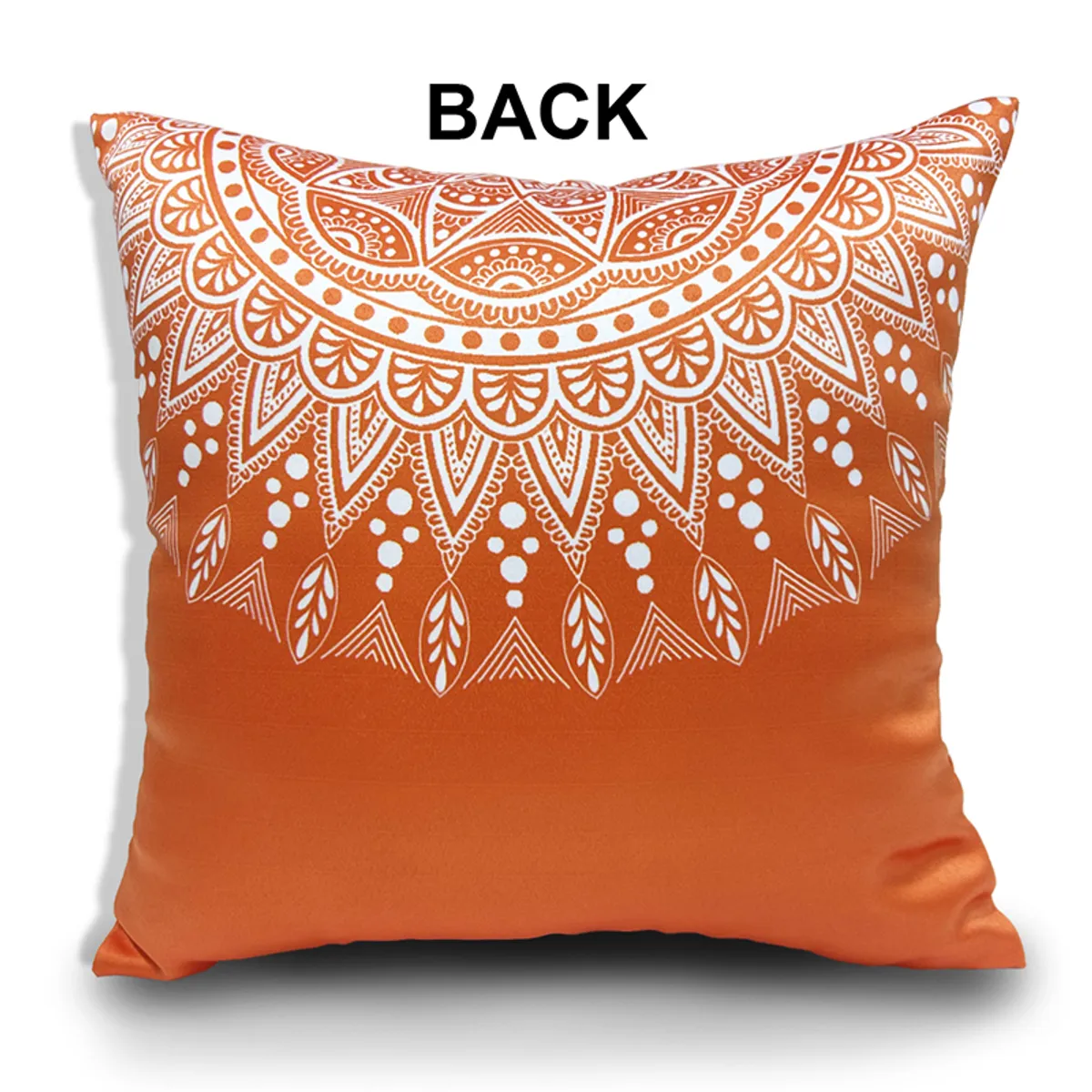 Orange cushion cover showing a white mandala print on the front