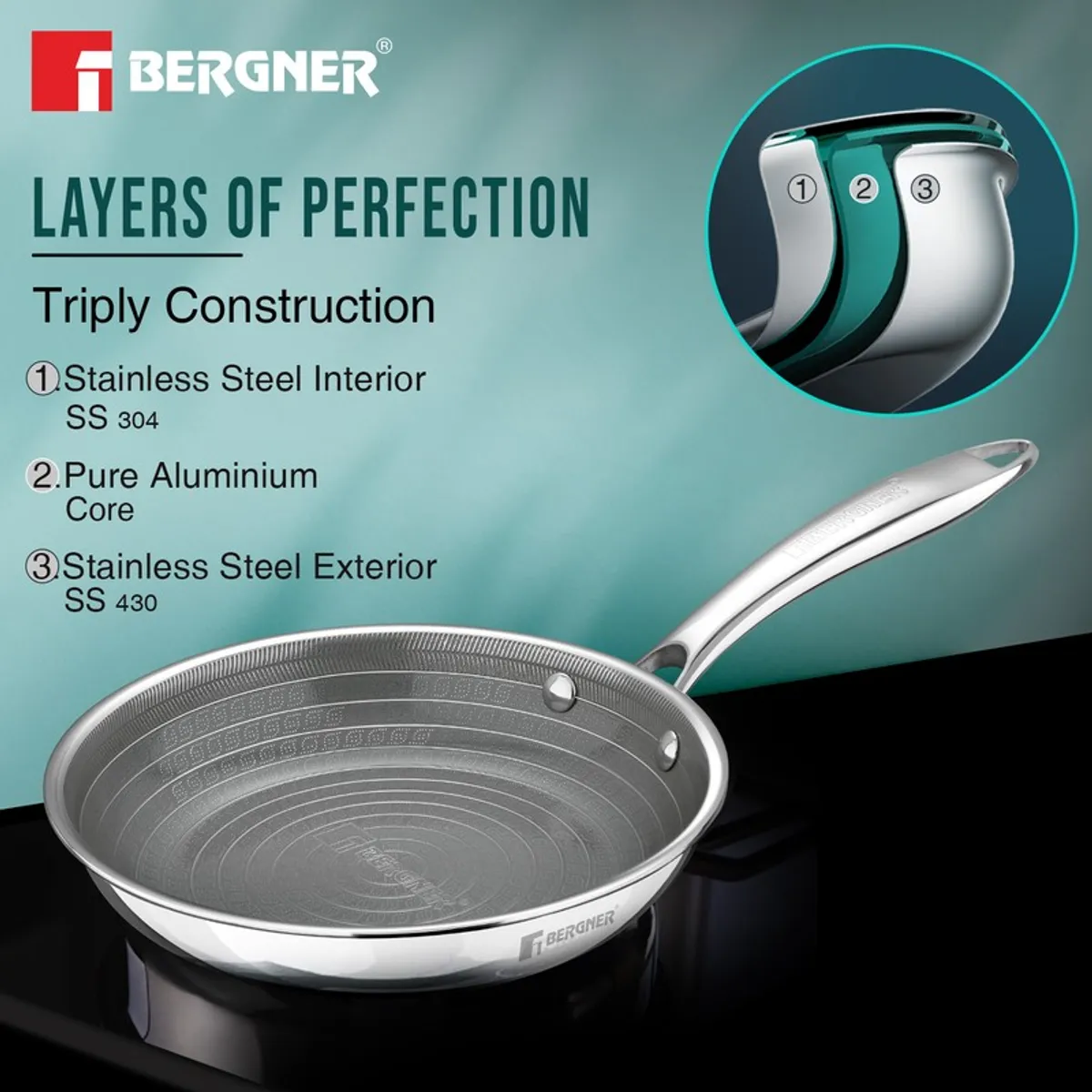 Silver frying pan with layered triply construction graphic