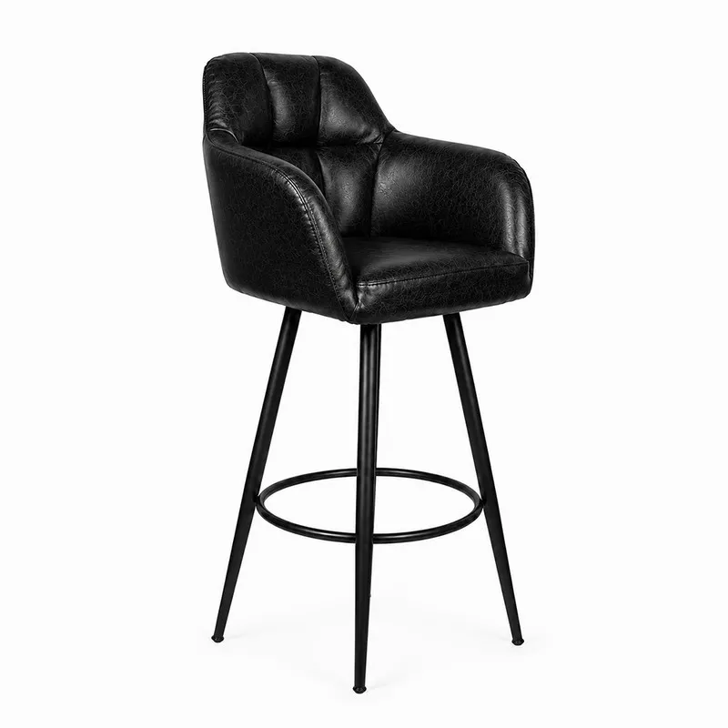 Angled view of a black upholstered bar chair with curved arms