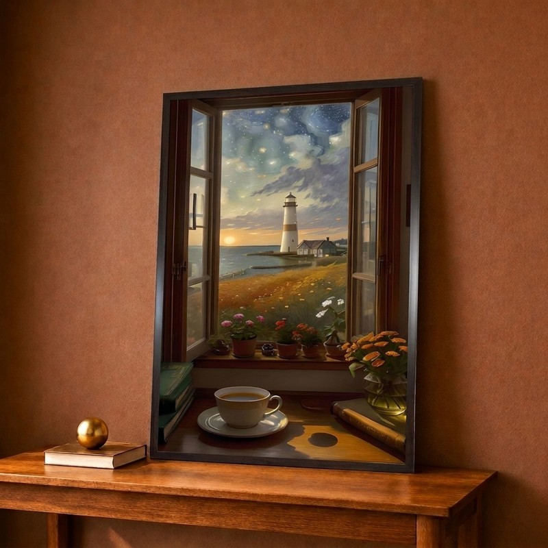 Window View Lighthouse Canvas Wall Painting