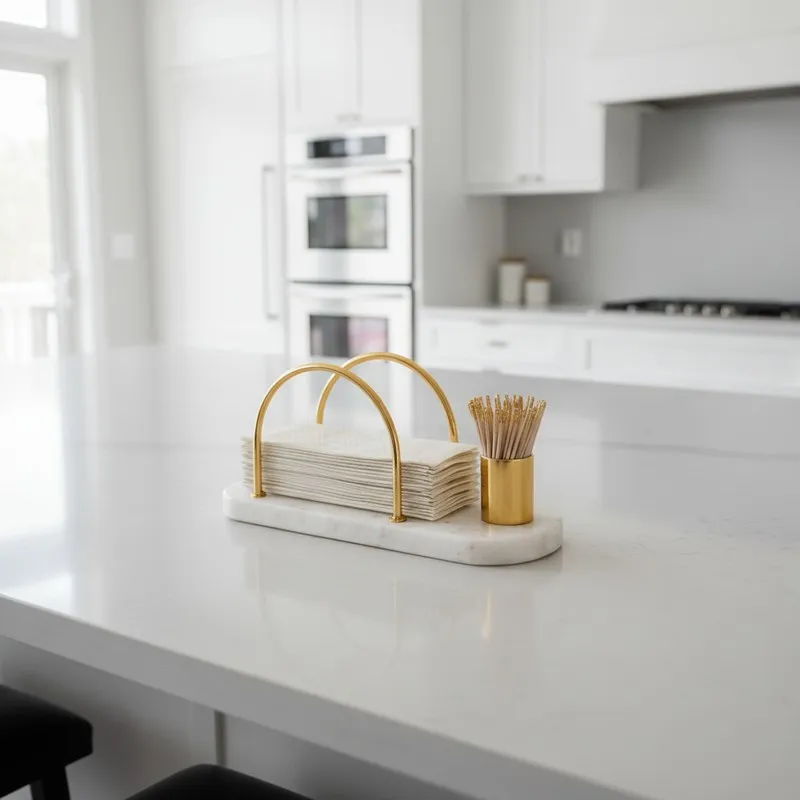 White and gold marble tissue holder displayed on a kitchen island