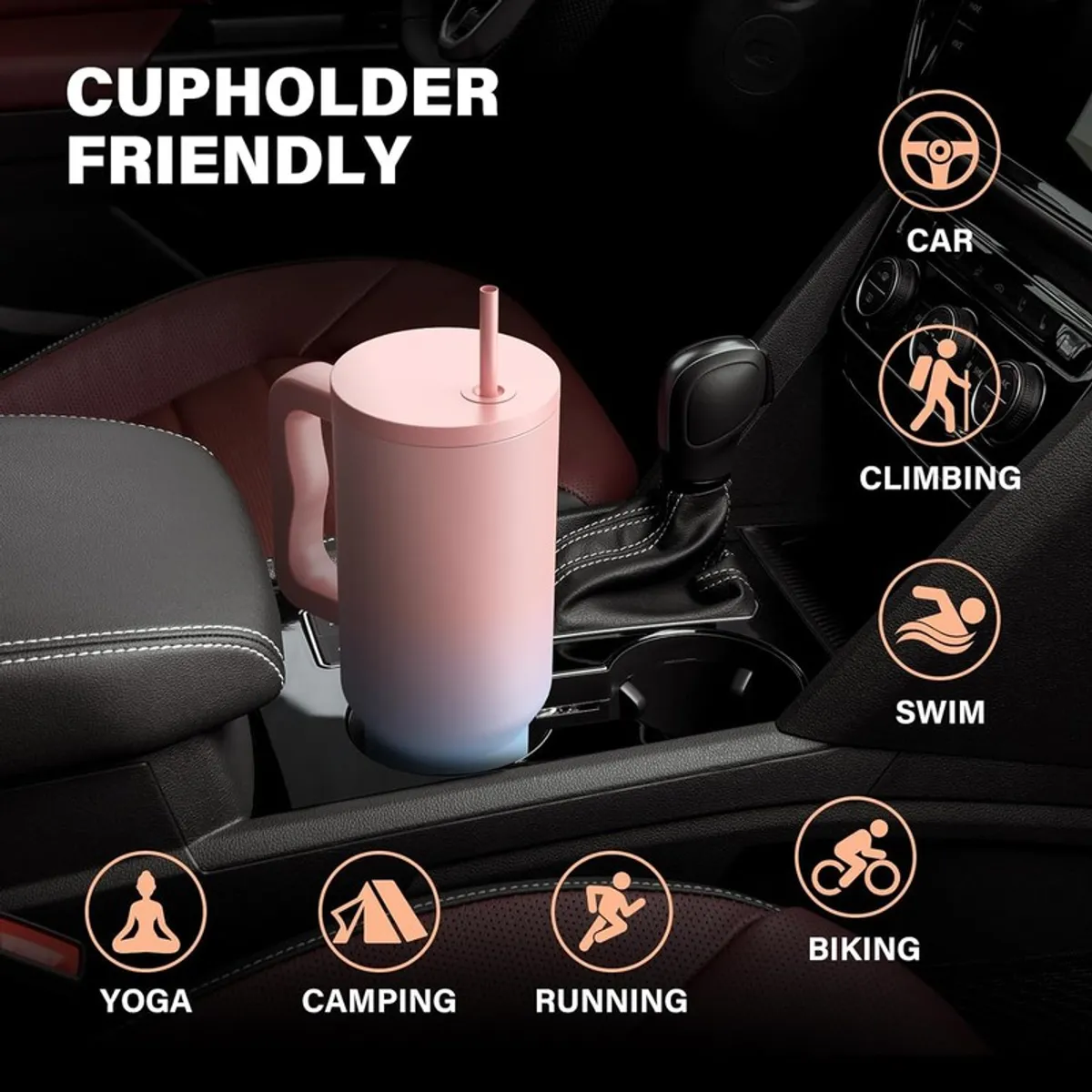 Pink and blue tumbler placed in a car cup holder
