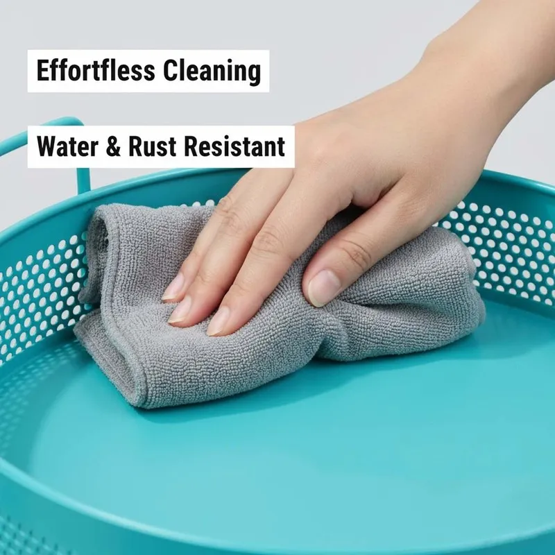 Close-up of blue metal basket surface being wiped clean