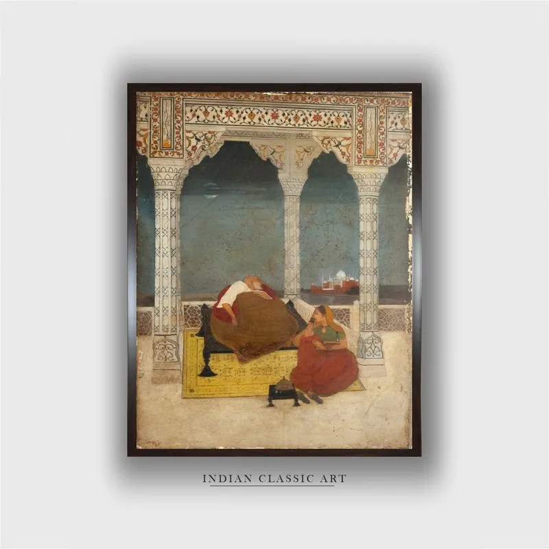 Front view of framed Indian classic palace scene wall painting