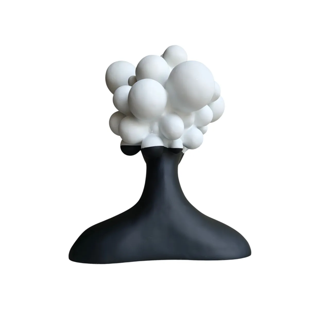 Rear view of a black and white bust showpiece with rounded bubble forms