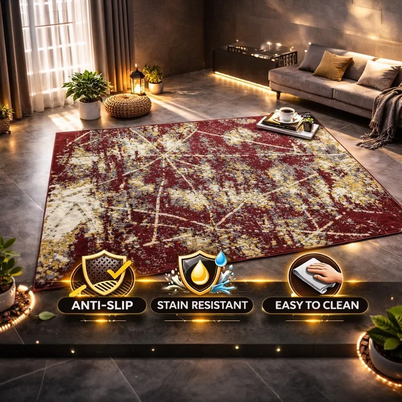 Maroon abstract carpet in a living room setting