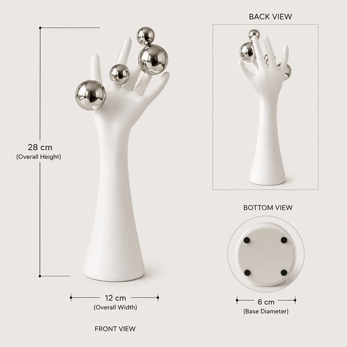 White hand sculpture shown from front, back and bottom views on a plain background
