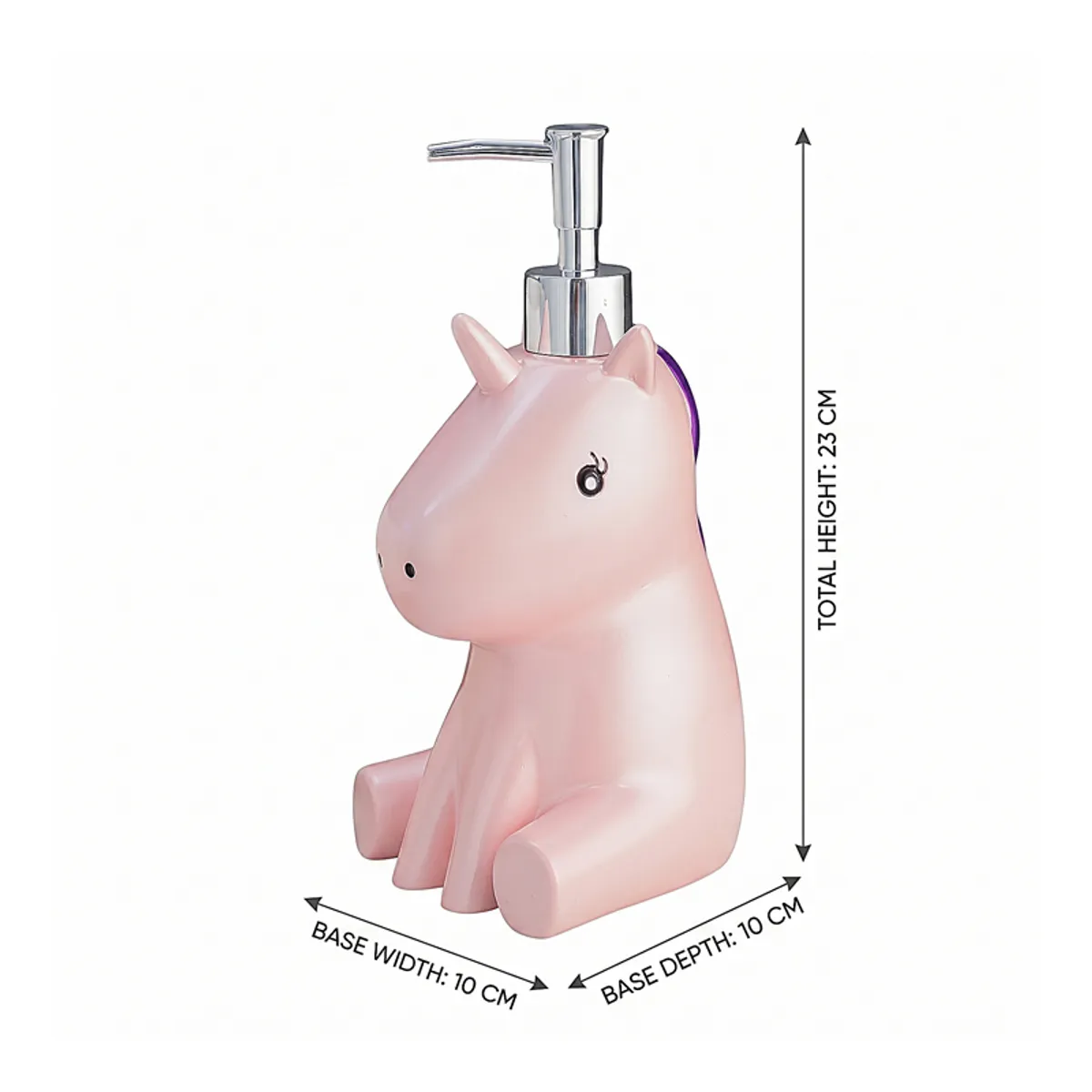 Pink unicorn soap dispenser with dimension arrows on a white background