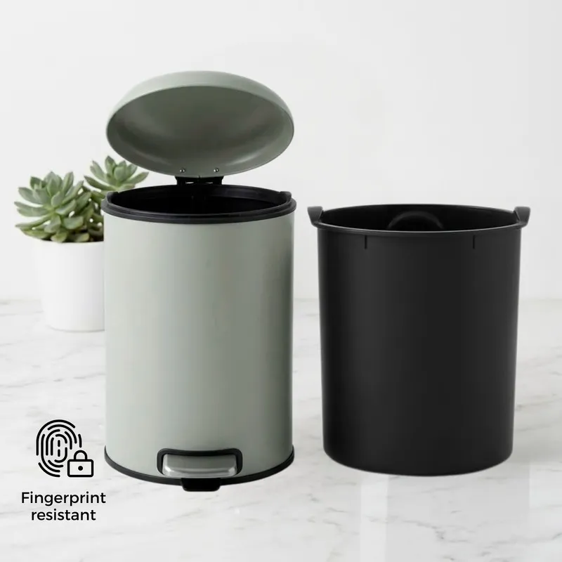Light grey dustbin with lid open beside removable inner bucket