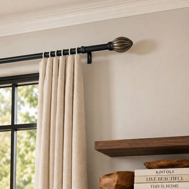 Hango Extendable Curtain Rod with Rustic Finial & Bracket - Black - M