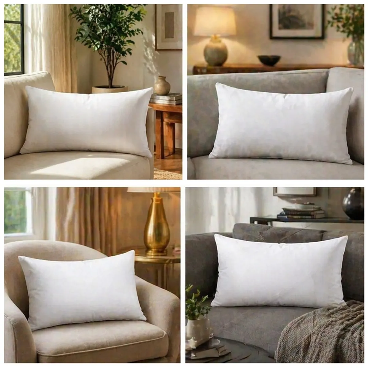 White pillow filler styled on chairs and sofas in four neutral living spaces.