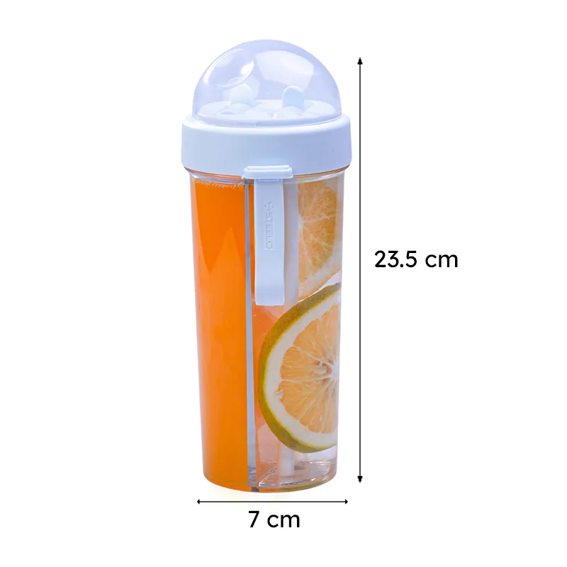 Blue and orange bottle with arrows showing 23.5 cm height and 7 cm width