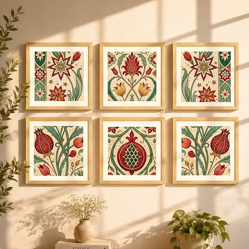 Byzantine Buds Paper Wall Painting With Frame - Set Of Six