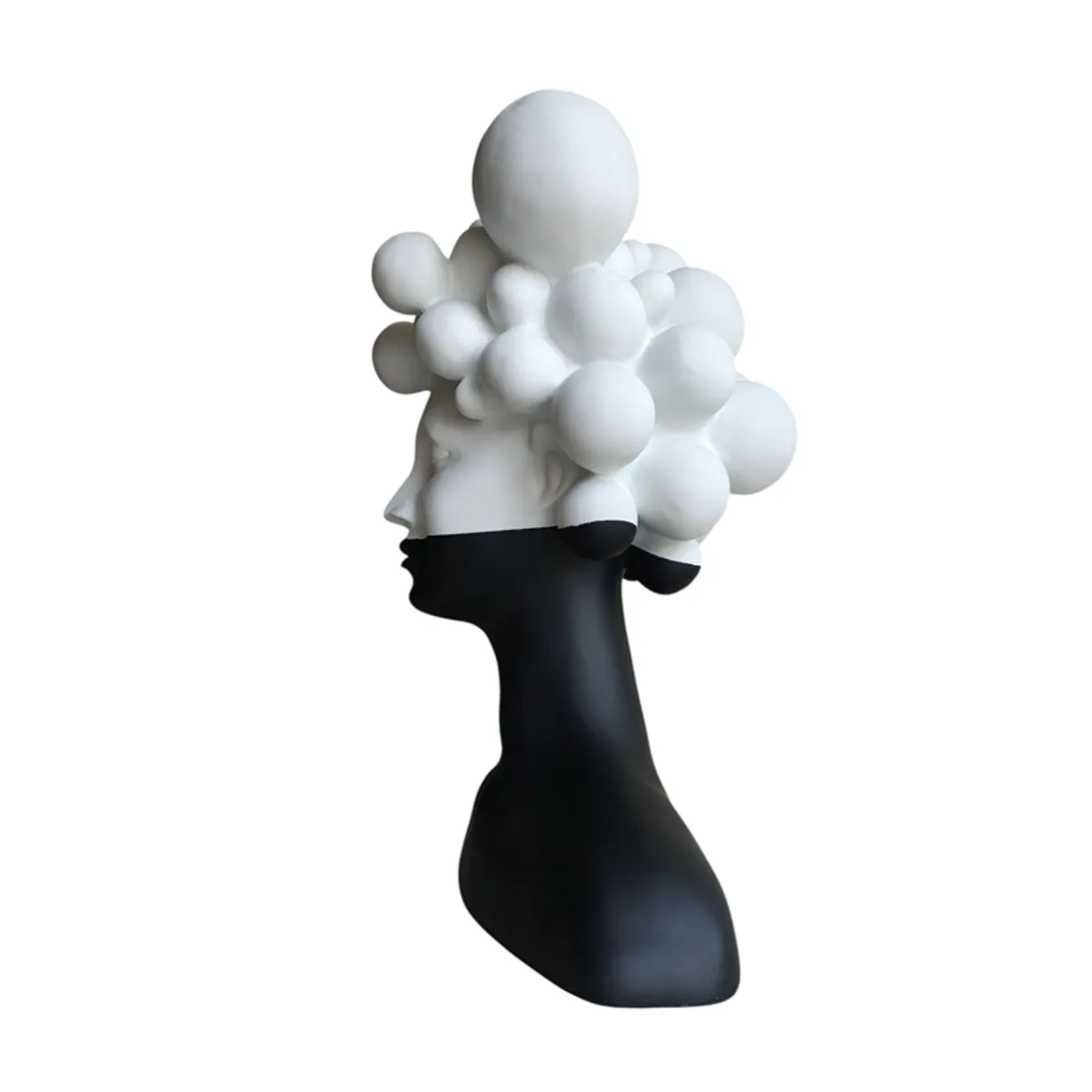 Side profile of a monochrome female bust showpiece with bubble-like hair