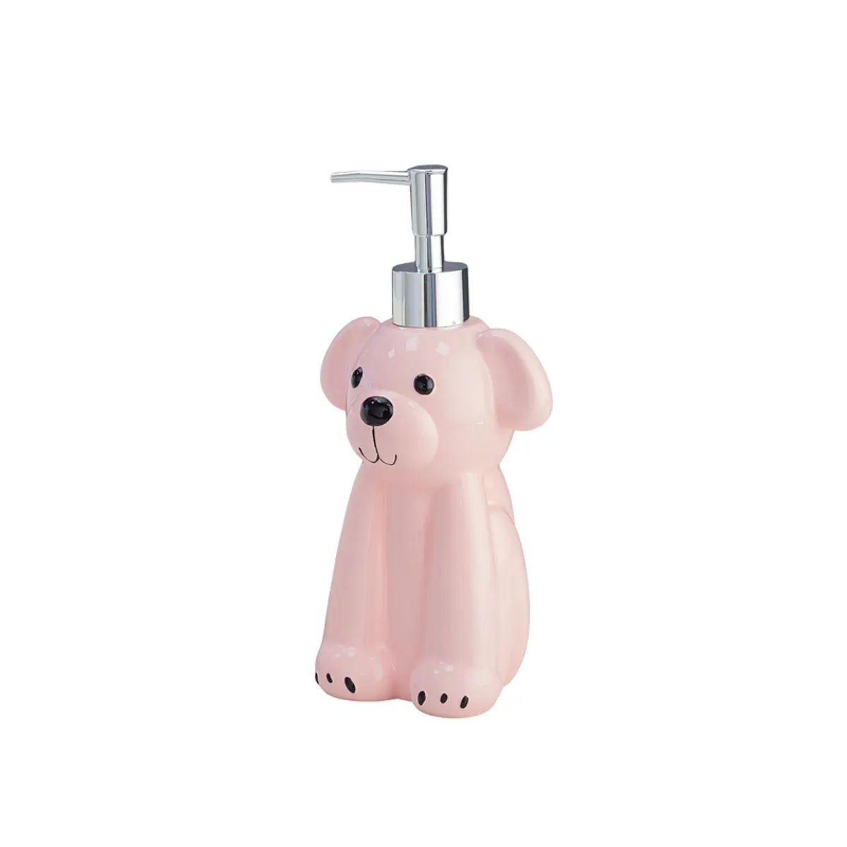 Pink dog-shaped liquid dispenser with silver pump on a white background