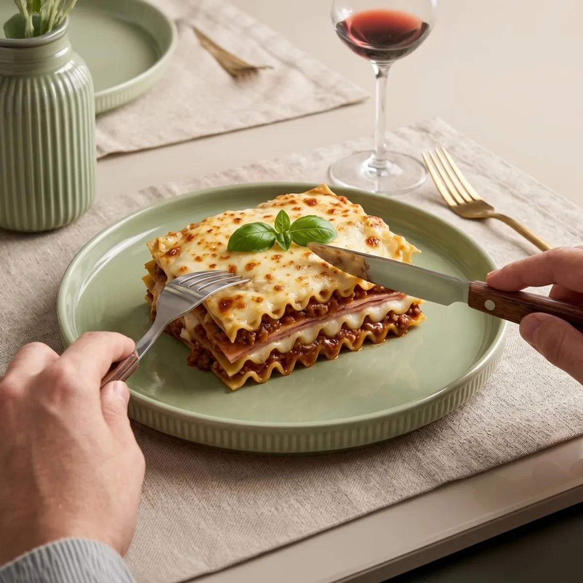 Sage green round dinner plate styled with a serving of lasagne on a dining table