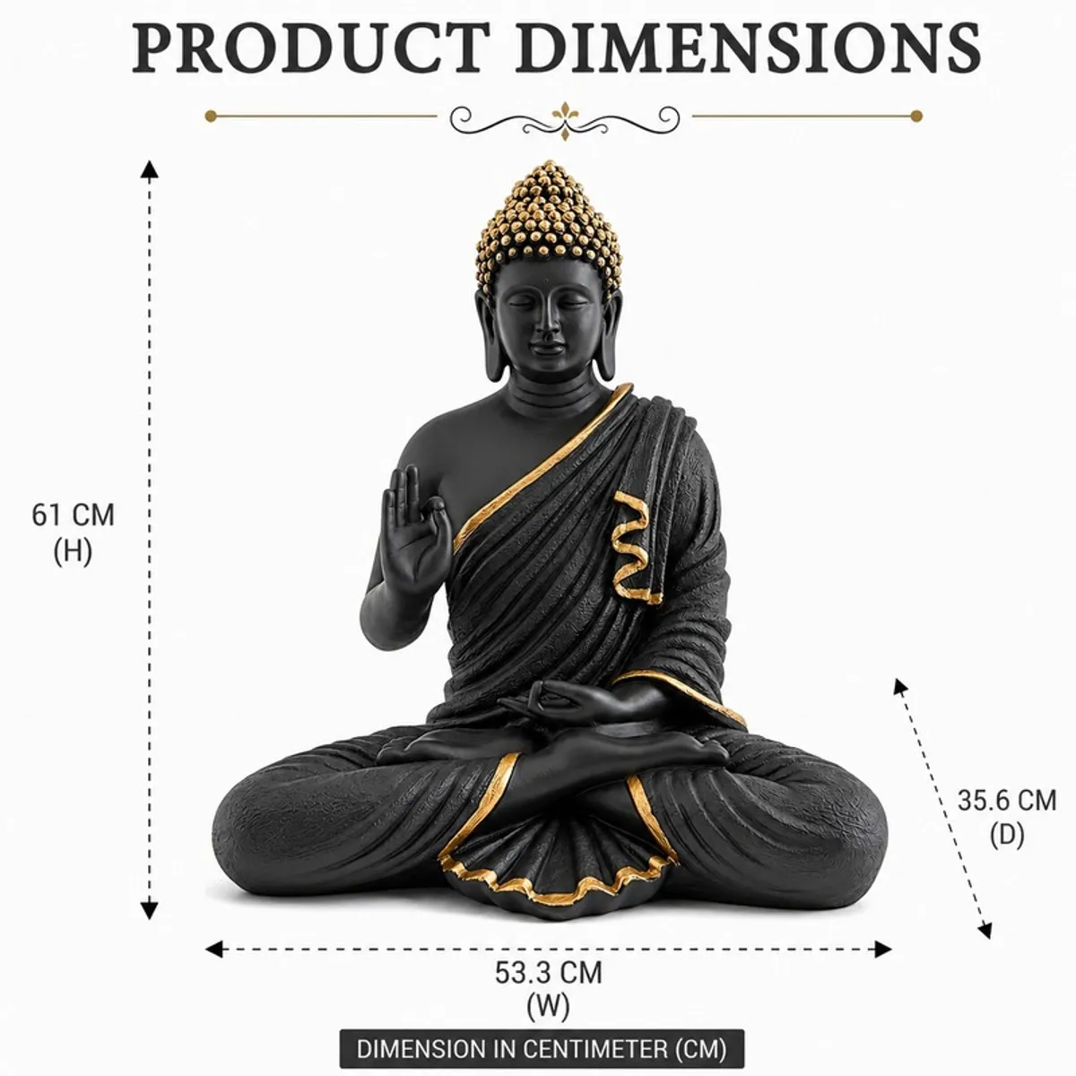 Black and gold Buddha idol shown with a larger dimension guide