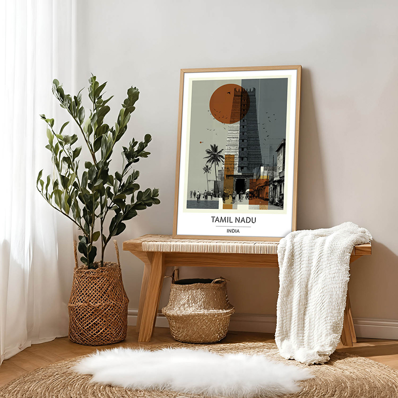 Dravidian Temple Tamil Nadu Wall Art With Brown Frame - Small