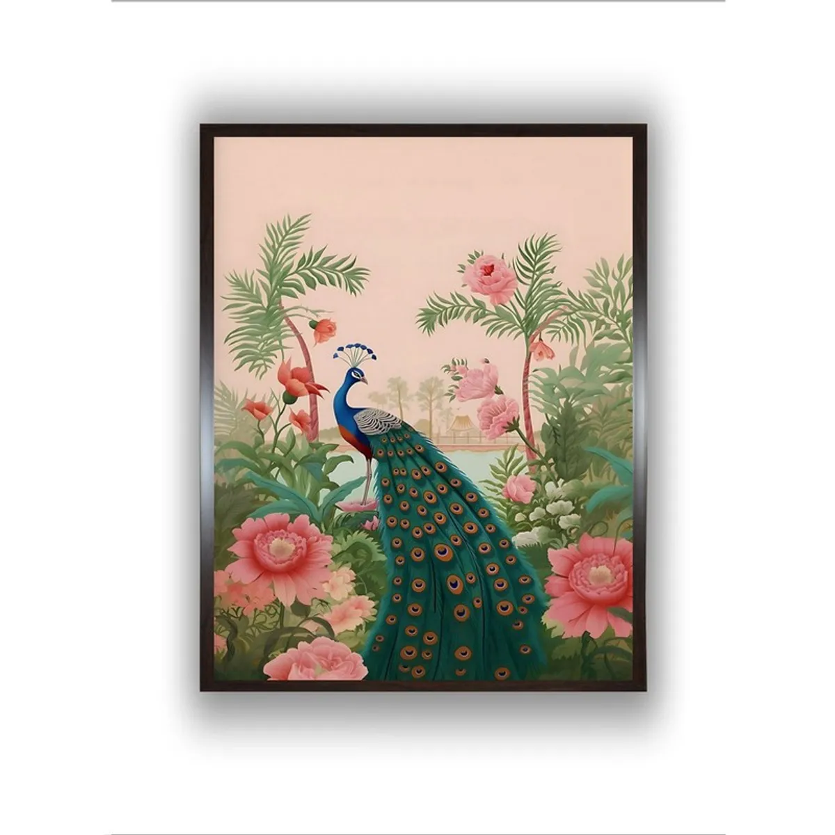 Front view of peacock paradise garden framed wall painting
