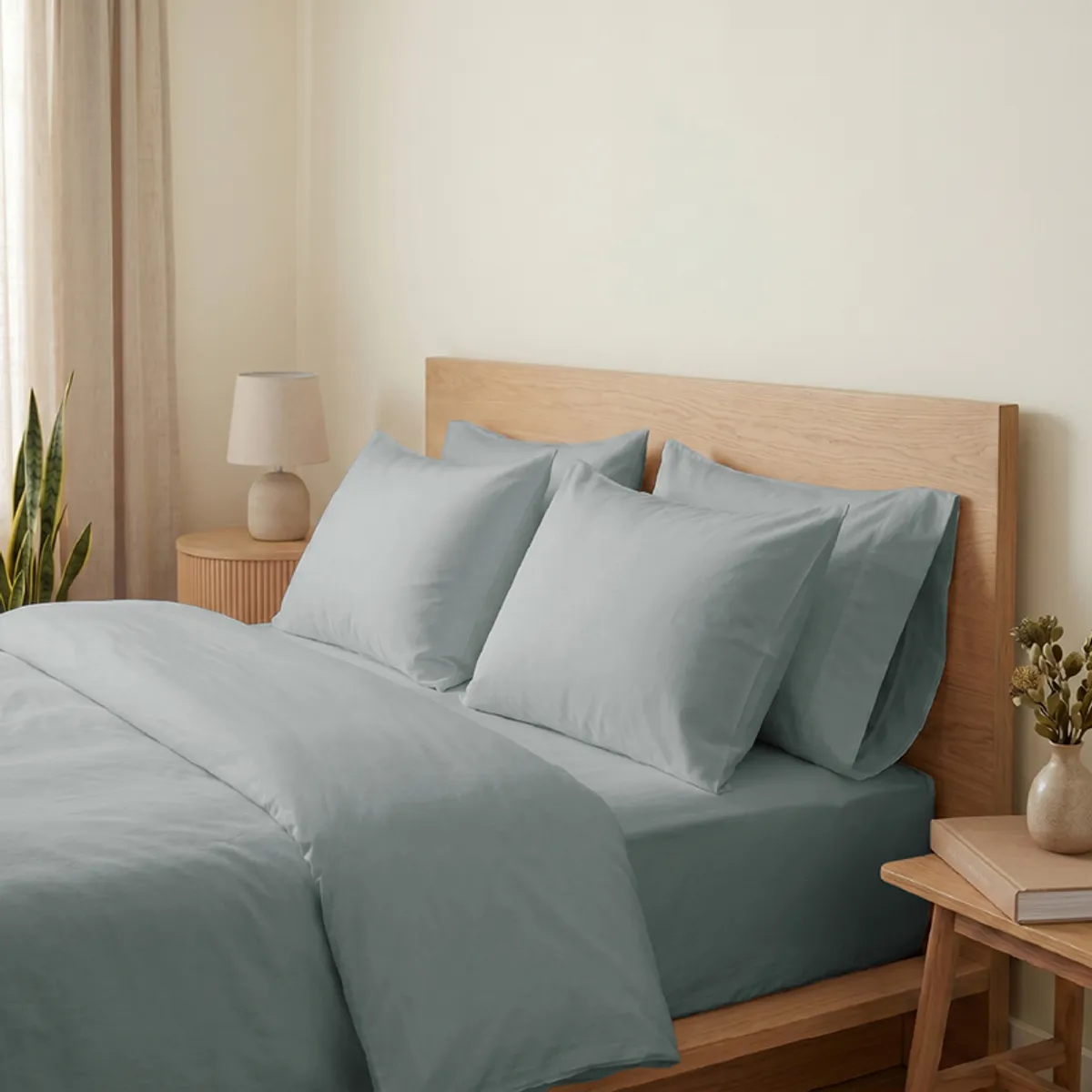 Close bedroom view showing the light grey duvet cover and matching bedding