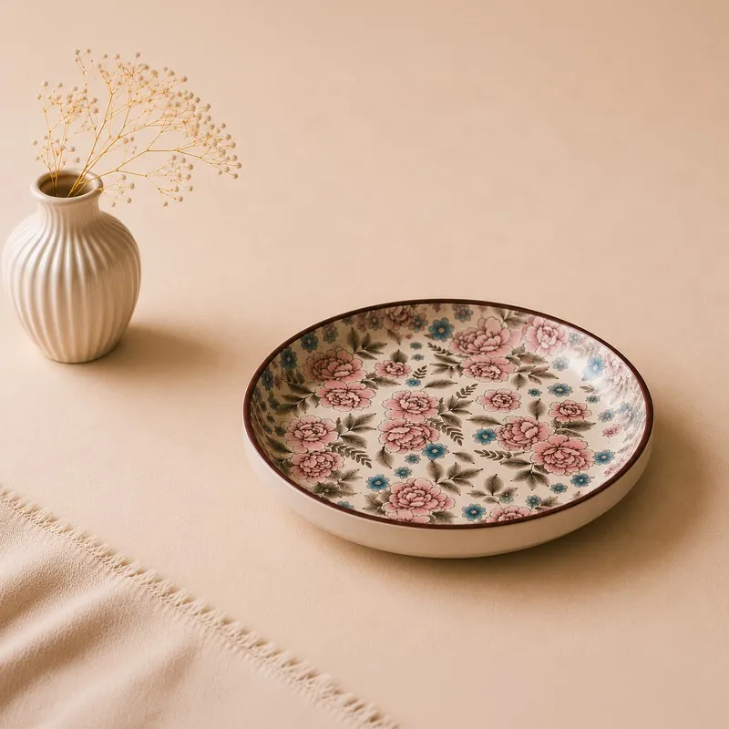 Single ceramic dinner plate with floral detailing and brown rim