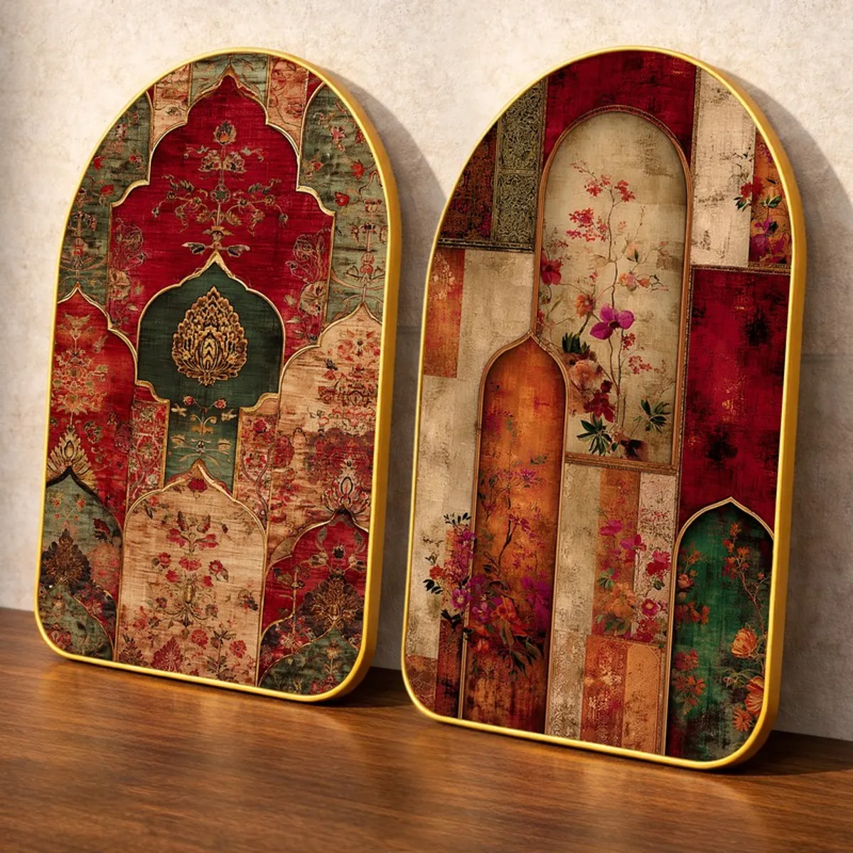 Close view of two arched multicolour wall art pieces with gold-toned edging