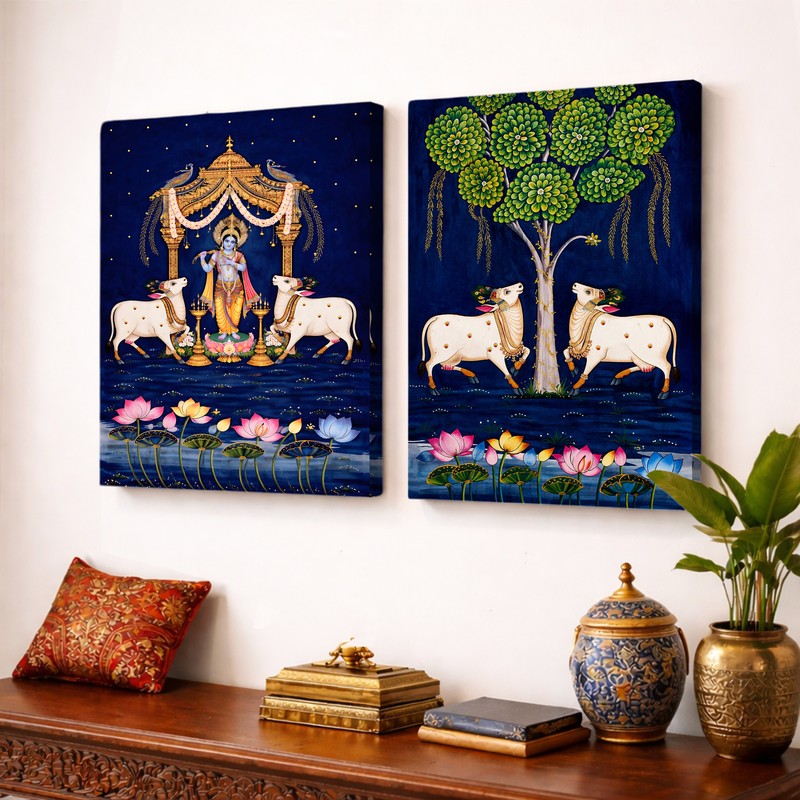 Vrindavan Serenity Canvas Wall Painting - Set of Two