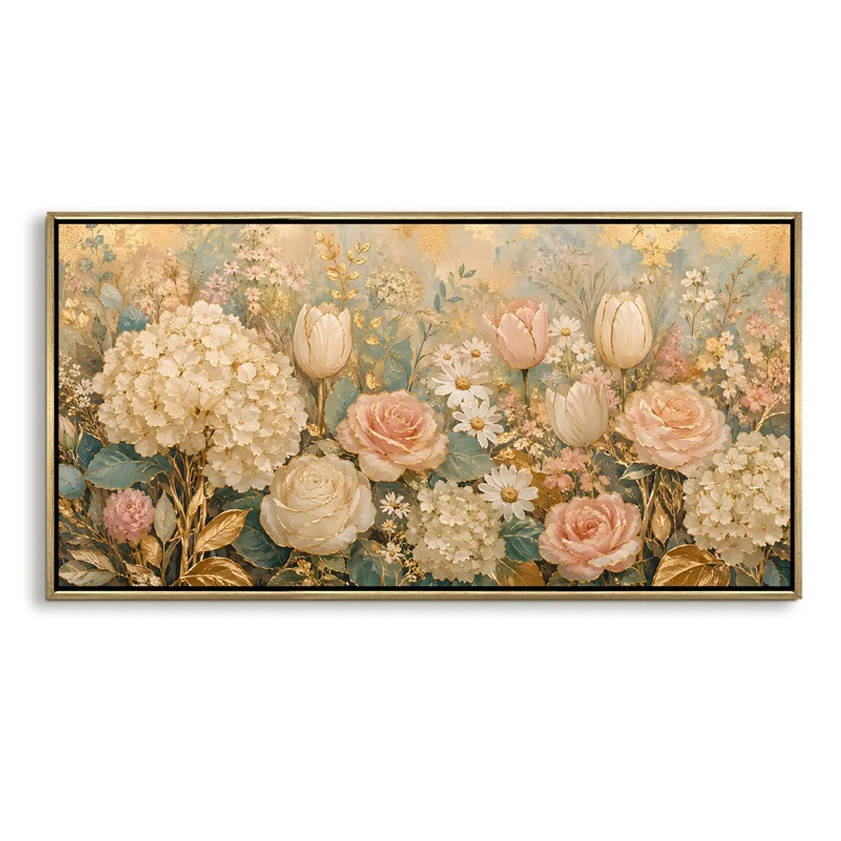 Rectangular floral wall art with pastel blooms and gold frame on white background
