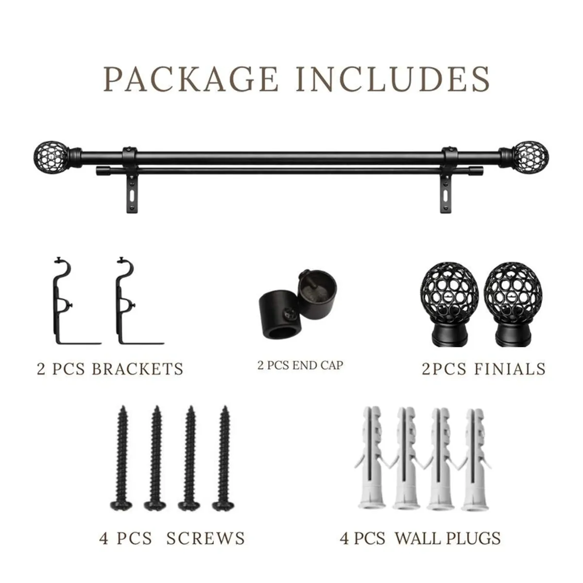 Black double curtain rod with brackets, end caps and round finials laid out