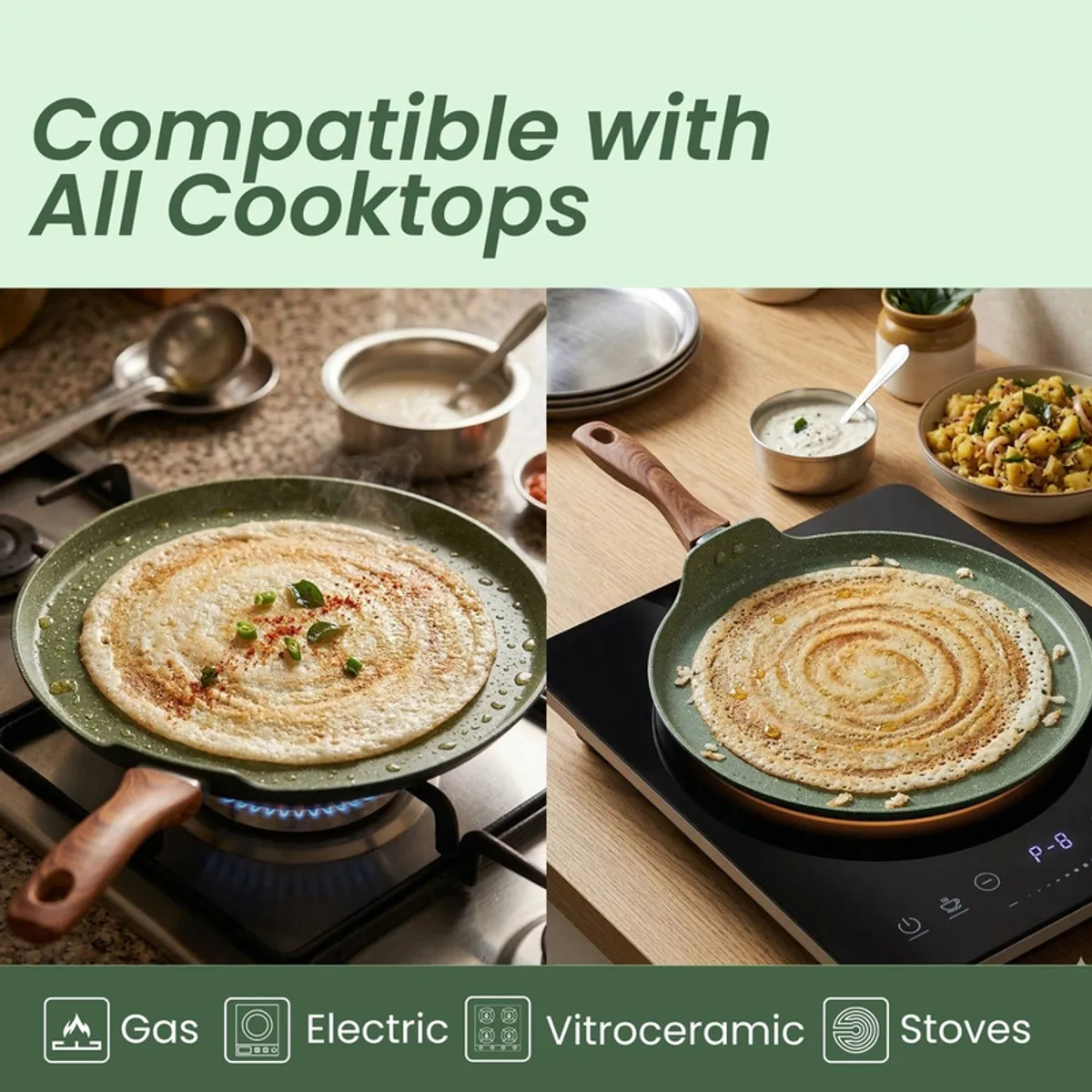 Dosa cooking in the moss green tawa on gas and induction-style cooktops