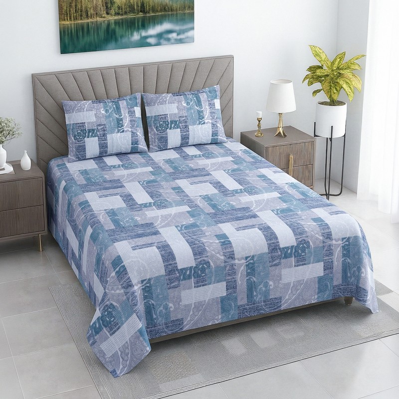 Abstract Grid Cotton Bedsheet (Blue) - 400 TC - King