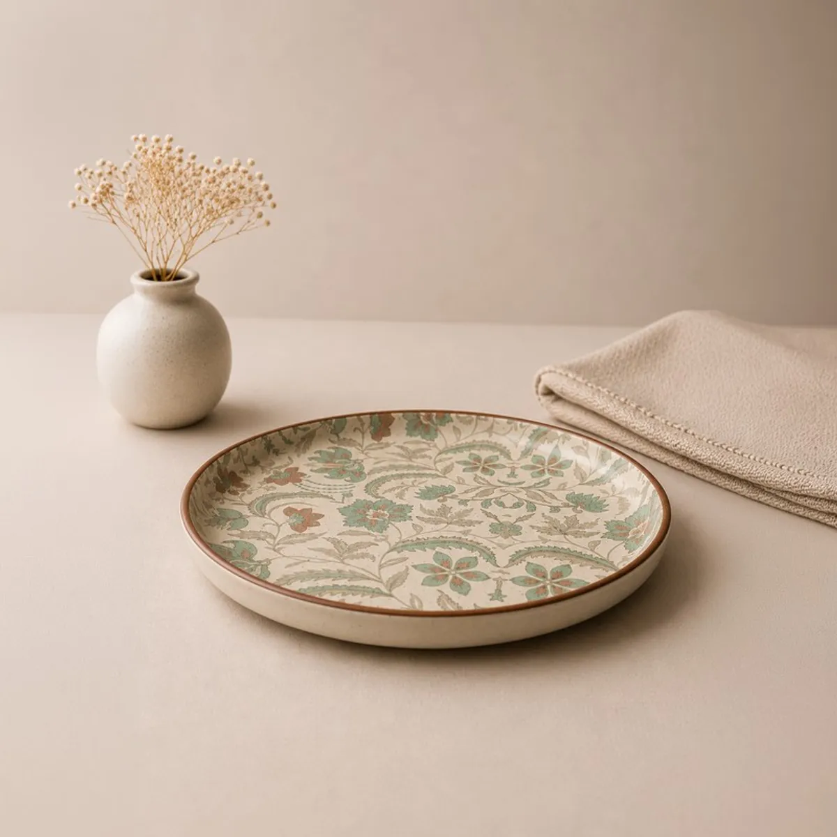 Single round ceramic quarter plate with green and beige botanical floral pattern