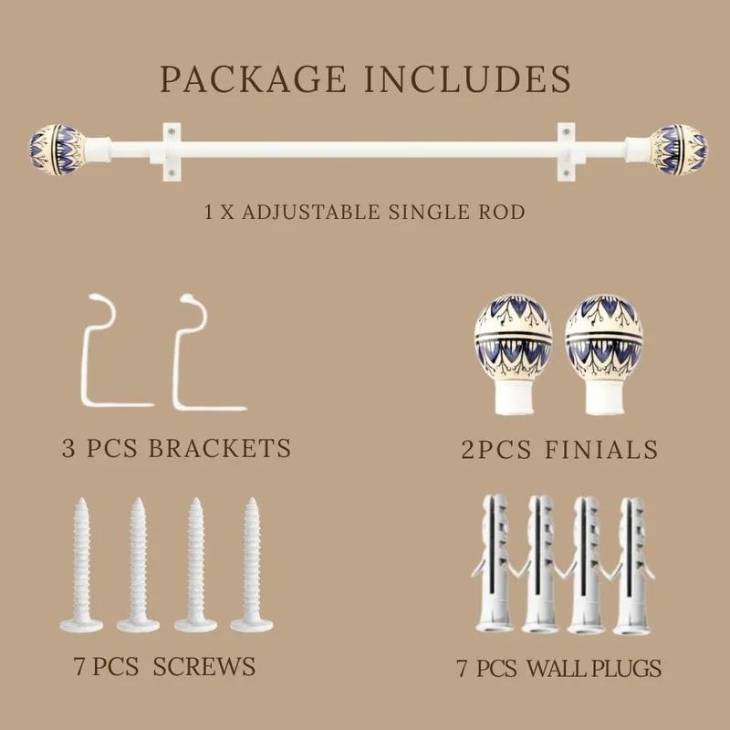White curtain rod set with round finials and brackets displayed on a beige background