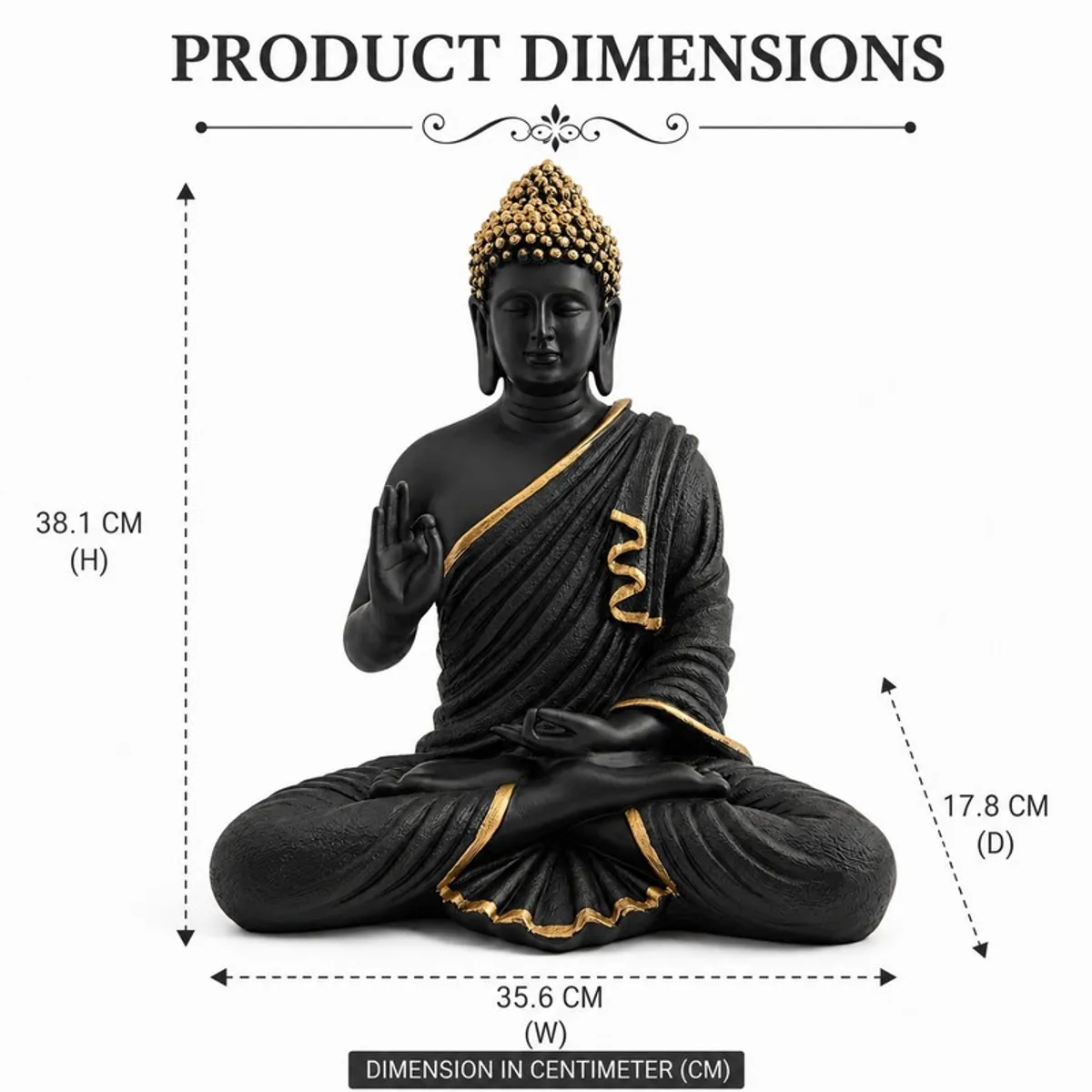 Black and gold Buddha idol shown with a dimension guide