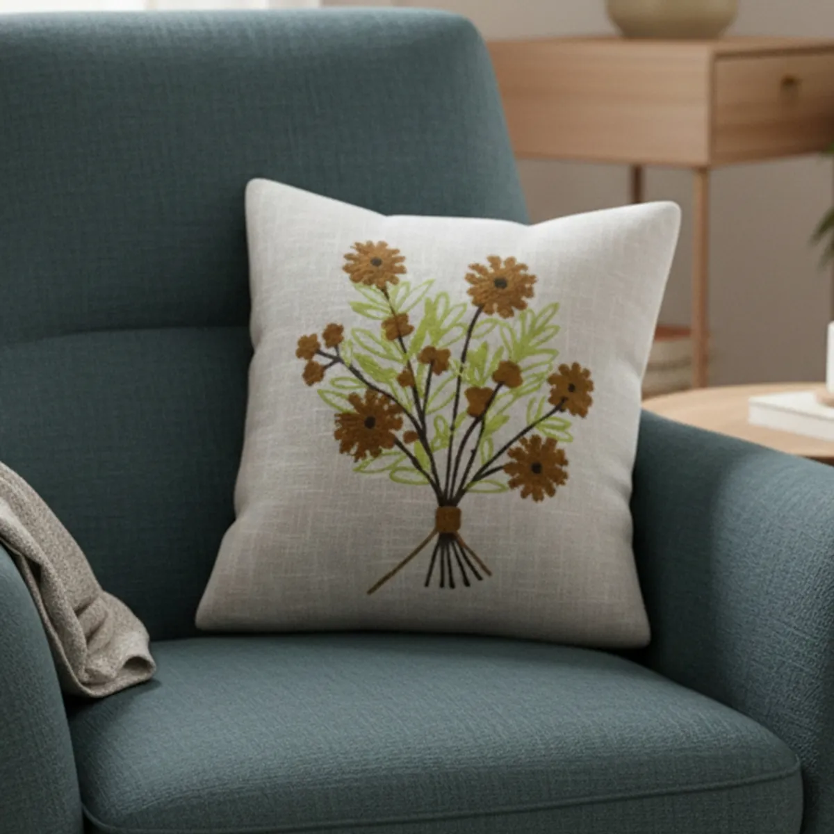 White embroidered floral cushion cover styled on a blue armchair