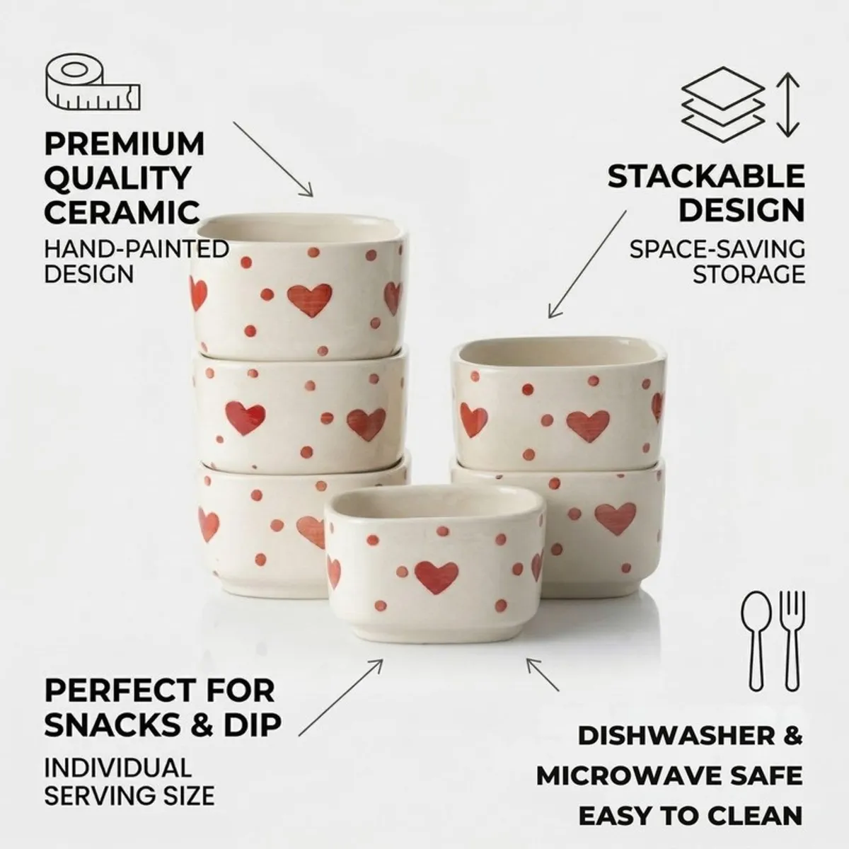 White ceramic dip bowls with red heart motifs beside printed feature callouts