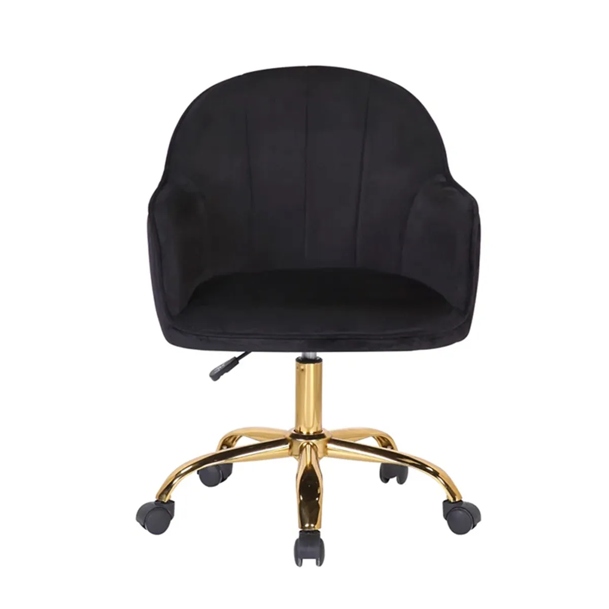 Front view of a black office chair with curved arms, padded back and gold base