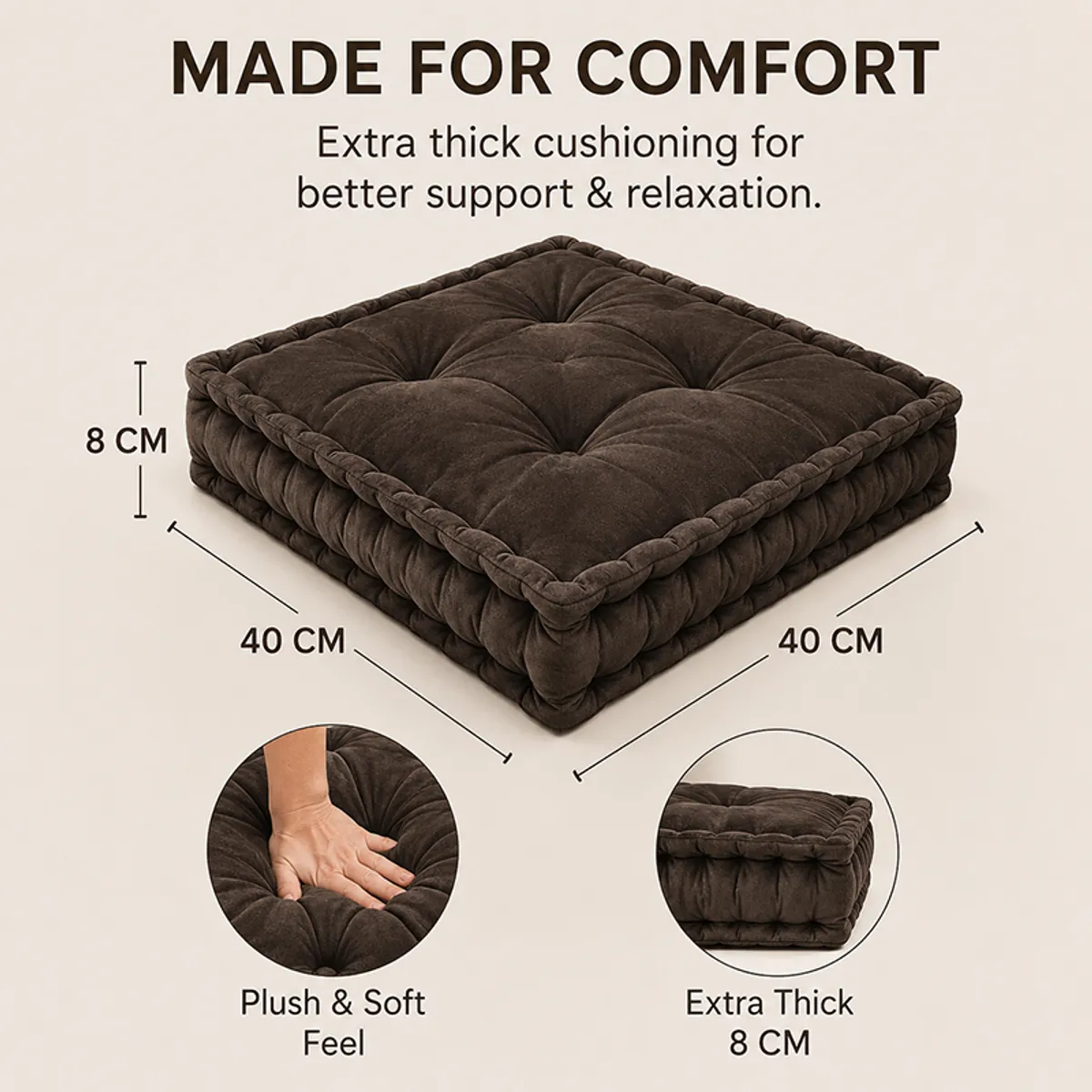 Brown velvet floor cushion styled in a bright room with a plant and shelving.