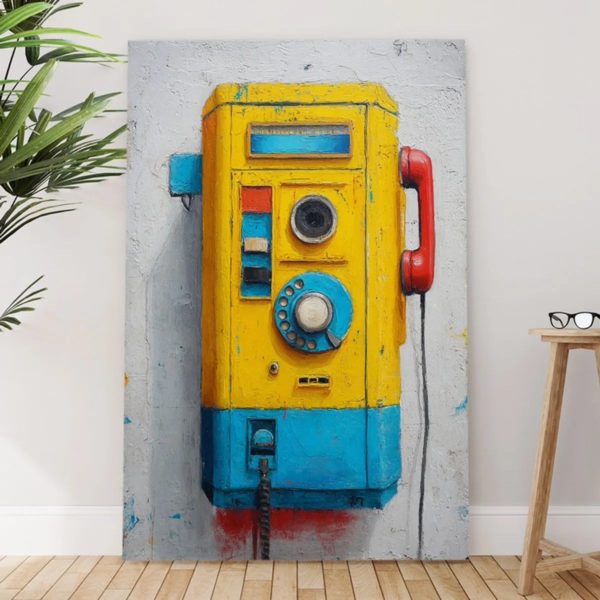 Retro phone gallery wrapped canvas wall painting placed against a wall