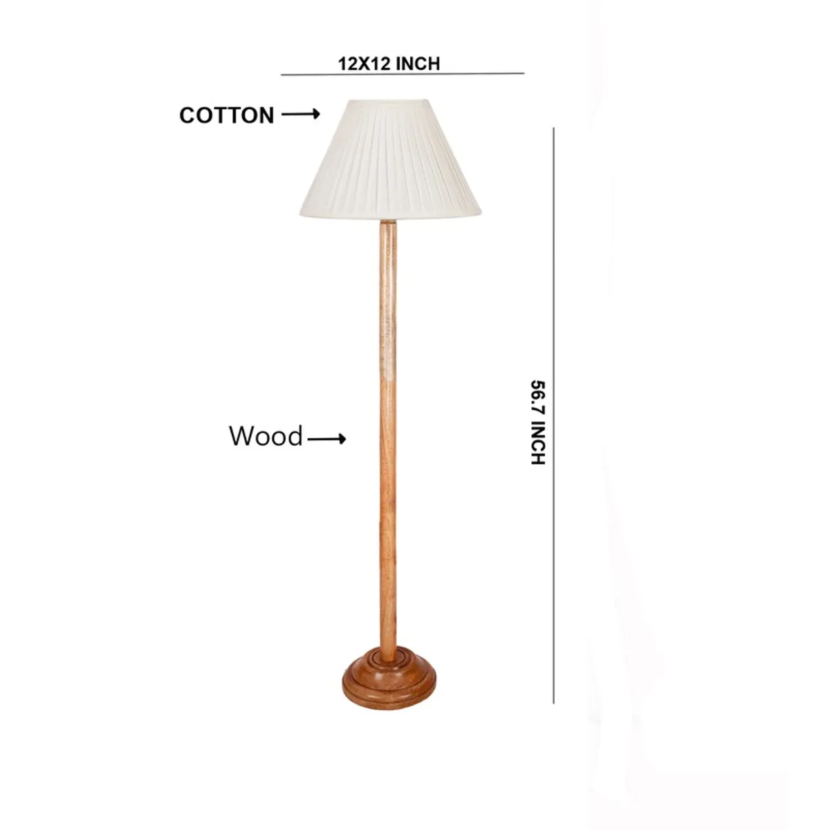 Floor lamp shown front-on with measurement arrows and material callouts