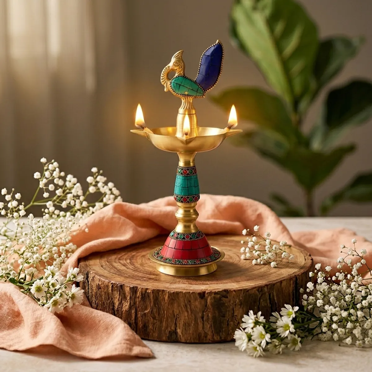 Brass diya with lit flames, colourful accents and peacock finial on a wooden stand